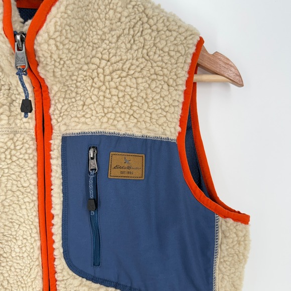 Eddie Bauer Womens XS Sherpa Fleece Vest Cream Orange Blue Full Zip 23802688 - Picture 2 of 8